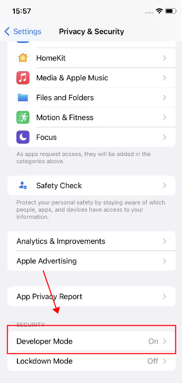 Find iPhone Developer Mode in Settings